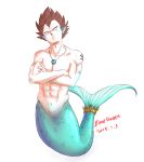  1boy abs artist_name blue_queen_(chana0) brown_hair crossed_arms crown dated dragon_ball dragon_ball_z fins frown full_body highres jewelry male_focus merman monster_boy muscle necklace pendant signature solo tattoo vegeta 