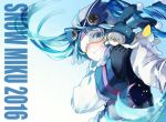 1girl 2016 :3 animal animal_ears animal_on_shoulder black_gloves blue_eyes bunny_on_shoulder bunny_tail character_name commentary gloves goggles hatsune_miku highres long_hair long_sleeves looking_at_viewer open_mouth rabbit rabbit_ears scarf shuzi smile snowflakes tail teeth twintails upper_body very_long_hair vocaloid yellow_scarf yuki_miku 