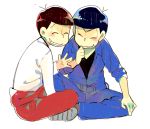  2boys alternate_costume black_hair blush brothers chin_stroking closed_eyes indian_style jumpsuit male_focus matsuno_karamatsu matsuno_osomatsu mitsu_yomogi multiple_boys osomatsu-kun osomatsu-san siblings sitting smile tied_sleeves 