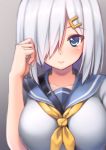  1girl blue_eyes blush breasts hair_ornament hair_over_one_eye hairclip hamakaze_(kantai_collection) kantai_collection large_breasts looking_at_viewer neckerchief pochadon school_uniform serafuku short_hair silver_hair smile solo 