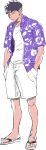  1boy barefoot_sandals black_hair cargo_shorts denzou_(50021106) full_body hands_in_pockets hawaiian_shirt jitome male_focus matsuno_ichimatsu messy_hair open_clothes open_shirt osomatsu-kun osomatsu-san shirt shorts simple_background solo white_background 