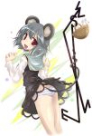  bad_id basket capelet dowsing_rod dowsing_rods grey_hair jewelry looking_back mouse mouse_ears mouse_tail nazrin necklace open_mouth panties red_eyes short_hair smile solo striped striped_panties tail touhou underwear yumesato_makura 