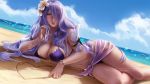  1girl alternate_costume armlet beach bikini blue_sky bracelet breast_rest breasts camilla_(fire_emblem_if) cleavage clouds drawing fire_emblem fire_emblem_heroes fire_emblem_if flower hair_flower hair_ornament hair_over_one_eye heart jewelry large_breasts long_hair looking_at_viewer lying nail_polish navel ocean olga_solovian on_side outdoors paid_reward parted_lips patreon_reward purple_bikini purple_hair purple_nails sand sarong sky summer swimsuit violet_eyes water wavy_hair wristband 