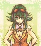  cleavage goggles green_eyes green_hair gumi hands_on_hips headphones short_hair solo vocaloid 