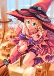  blonde_hair boots broom city gloves green_eyes witch witch_hat 