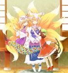  blonde_hair brown_hair cat_ears cat_tail chen closed_eyes earrings flower fox_tail gap hat highres jewelry kyuubi manukedori multiple_tails short_hair tail touhou yakumo_ran yakumo_yukari 