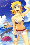  1boy 1girl bikini bikini_top bird blonde_hair blue_eyes front-tie_top green_hair headband highres lune_zoldark masaki_andoh navel seagull short_hair skirt super_robot_wars super_robot_wars_original_generation super_robot_wars_the_lord_of_elemental swimming swimsuit water wristband yuikawa_kazuno 