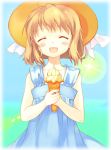  blonde_hair closed_eyes dress food happy hat ice_cream luine open_mouth original short_hair solo straw_hat takeda_mika 