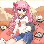  breasts buntan dice etopen haramura_nodoka large_breasts long_hair mahjong mahjong_tiles pillow pink_hair saki school_uniform serafuku solo 