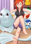  1girl barefoot dewgong glasses kanna_(pokemon) large_breasts legs lowres piplup pokemoa pokemon pokemon_(creature) sleeveless 