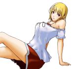  bare_shoulders blonde_hair brown_eyes karasu_(pixiv) off_shoulder original short_hair sitting skirt 