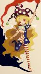  1girl absurdres american_flag_dress american_flag_legwear arm_up bangs blonde_hair blush bright_pupils clownpiece comkdom commentary_request dress eyeshadow fairy_wings full_body hat highres holding holding_torch jester_cap long_hair looking_at_viewer makeup neck_ruff open_mouth pantyhose polka_dot polka_dot_background purple_headwear red_eyes red_eyeshadow shadow short_sleeves simple_background smile solo standing standing_on_one_leg star_(symbol) star_print striped striped_dress striped_legwear torch touhou white_background wings 