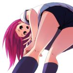  bloomers from_below hidaka_ryou kneehighs kneepits long_hair looking_down open_mouth original pink_eyes pink_hair purple_legwear purple_socks skirt smile socks v 