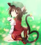  brown_hair cat_ears cat_pose cat_tail chen earrings hat jewelry multiple_tails paw_pose pkk red_eyes short_hair solo tail touhou 