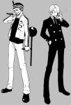  cigarette formal gin_(one_piece) jii male monochrome multiple_boys one_piece sanji smoking suit 