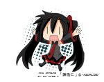  black_hair boots chibi detached_sleeves female hatsune_miku necktie open_mouth simple_background smile twintails vocaloid |_| 