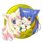  1girl animal_ears blue_eyes blue_hair blush brown_eyes cat cat_ears chibi couple curly_hair long_hair macross macross_frontier open_mouth paws pink_hair ponytail saotome_alto sheryl_nome smile whiskers wink 