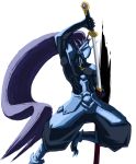  blazblue blue_hair hakumen highres long_hair male mask sheath simple_background sword unsheathing weapon white_background 