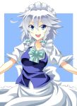  bowtie braid izayoi_sakuya maid maid_headdress open_mouth outstretched_arms silver_hair simple_background sk-ii smile spread_arms touhou warugaki_(sk-ii) 