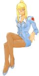  blonde_hair blue_eyes formal glasses high_heels metroid nintendo pantyhose ponytail samus_aran shoes simple_background suit 