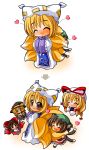  ^_^ animal_ears blonde_hair braid brown_hair cat_ears cat_tail chen chibi detached_sleeves earrings fang fox_tail gap hakurei_reimu hat heart highres jewelry kirisame_marisa long_hair multiple_tails red_eyes shinjitsu short_hair tail tail_hug touhou witch_hat yakumo_ran yakumo_yukari yellow_eyes 