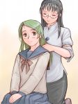  adult black_hair blush closed_eyes glasses green_eyes green_hair hair_brush hair_brushing kanaria kusabue_mitsu multiple_girls rozen_maiden rozenweapon school_uniform serafuku smile 