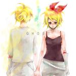  bad_id blonde_hair gloves hair_ribbon hand_holding headphones highres holding_hands kagamine_len kagamine_rin ntk ribbon short_hair siblings single_glove twins vocaloid 