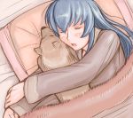  bed blanket closed_eyes dog hug lowres open_mouth pillow rozen_maiden rozenweapon silver_hair sleeping suigintou 