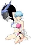  aqua_hair blue_hair boots breasts cape denkishowgun kneeling large_breasts midriff short_hair swimsuit thigh_strap wingman wingman_(wingman) yume_aoi 