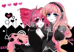  2girls ^o^ bad_id blue_eyes closed_eyes detached_sleeves drill_hair headphones headset heart kasane_teto long_hair megurine_luka multiple_girls nail_polish nie pink_eyes pink_hair red_hair redhead twintails utau vocaloid 