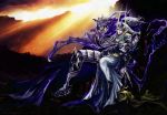  armor cape dissidia_final_fantasy final_fantasy final_fantasy_i full_armor garland garland_(ff1) helmet highres horns multiple_boys sitting warrior_of_light white_hair yu-r 