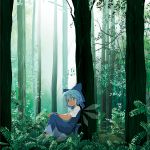  blue_eyes blue_hair cirno forest hairband highres mary_janes moriya_suo nature plant ribbon scenery shoes sitting suo touhou tree wings 