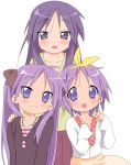  3girls blush hiiragi_kagami hiiragi_miki hiiragi_tsukasa long_hair lucky_star mother_and_daughter purple_hair ribbons short_hair simple_background violet_eyes 