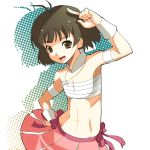  abs akizuki_ryou antenna antennae armband azuma_reiharu bandage bandages bow brown_eyes cross crossdressing crossdressinging cute_&amp;_girly_(idolmaster) idolmaster jewelry male midriff muscle necklace open_mouth ribbon sarashi smile solo trap wrist_cuffs 