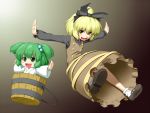  blonde_hair bow brown_eyes bucket girl_in_bucket green_eyes green_hair hair_bow in_bucket in_container kenntairui kentairui kisume kurodani_yamame multiple_girls outstretched_arms short_hair spread_arms touhou twintails 