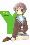  brown_eyes grey_hair kneehighs nagato_yuki school_uniform sitting skirt socks suzumiya_haruhi_no_yuuutsu 