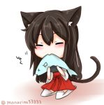  1girl :&gt; akagi_(kantai_collection) animal_ears armor brown_hair cat_ears cat_tail chibi closed_eyes eating fish japanese_clothes kantai_collection kemonomimi_mode long_hair lowres muneate solo tail thigh-highs translated yonerinoko_(banberabu) 