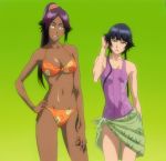  bikini bleach blush cap cleavage dark_skin long_hair midriff one_piece_swimsuit shihouin_yoruichi smile soifon swimsuit tattoo yellow_eyes 