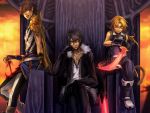  blonde_hair brown_hair butz_klauser detached_sleeves dissidia_final_fantasy final_fantasy final_fantasy_ix final_fantasy_v final_fantasy_viii jacket jewelry multiple_boys necklace red_eyes sano_(yoziro) sitting squall_leonhart sword throne weapon yellow_eyes zidane_tribal 