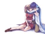  1girl belt blue_hair breasts brown_hair comforting couple hand_on_head hug hug_from_behind kaito male meiko scarf short_hair skirt smile suzunosuke_(sagula) tears vocaloid 