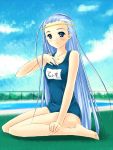  blue_eyes blue_hair circlet feet kneeling long_hair one-piece_swimsuit piku pool poolside school_swimsuit shakugan_no_shana swimsuit tis 