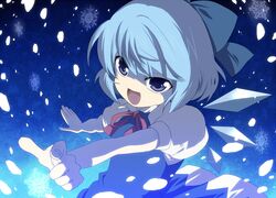  aro blue_eyes blue_hair bow cirno hair_bow short_hair snow solo touhou wings 