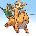  &gt;:) &gt;:d 1girl :d antenna_hair antennae arm_up blush_stickers brown_eyes dragonite female flying gloves hitec moemon open_mouth personification pokemon pokemon_(creature) pokemon_(game) pokemon_rgby riding smile white_hair wings 