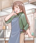 apron blush brown_eyes brown_hair casual cellphone kitchen long_hair phone rozen_maiden rozenweapon sleeves_rolled_up solo suiseiseki talking_on_phone wink 