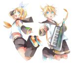  bad_id blonde_hair blue_eyes instrument jumping kagamine_len kagamine_rin keytar looking_at_viewer looking_back nnyu open_mouth short_hair siblings simple_background twins vocaloid 