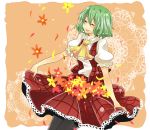  bad_id closed_eyes flower green_hair kazami_yuuka motimoti pantyhose petals plaid plaid_skirt plaid_vest short_hair skirt skirt_basket skirt_set smile solo touhou 