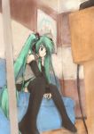  blue_eyes blue_hair detached_sleeves hatsune_miku headset loki sitting thigh-highs thighhighs twintails vocaloid 