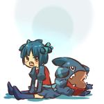  1girl blue_hair blue_legwear blush_stickers d: fangs female gible gijinka hair_ribbon hitec moemon open_mouth personification pokemon pokemon_(creature) pokemon_(game) pokemon_dppt ribbon short_hair sitting skirt thighhighs zettai_ryouiki 