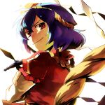  &gt;:) blue_hair bust hairband looking_back nightea red_eyes short_hair smirk solo touhou yasaka_kanako 