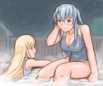  adult blonde_hair blush breasts cleavage large_breasts long_hair multiple_girls one-piece_swimsuit onsen rozen_maiden rozenweapon shinku silver_hair sitting suigintou swimsuit 